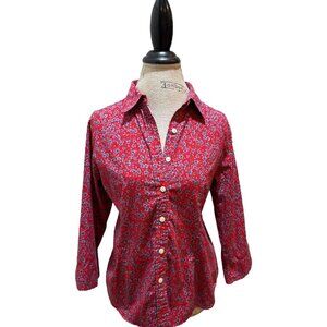 Talbots Petites Size M Red & Blue Floral Collared 3/4 Sleeve Button-Up Top